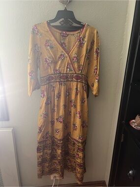 April Cornell Mustard Floral Maxi Dress with Burgundy Floral Trim